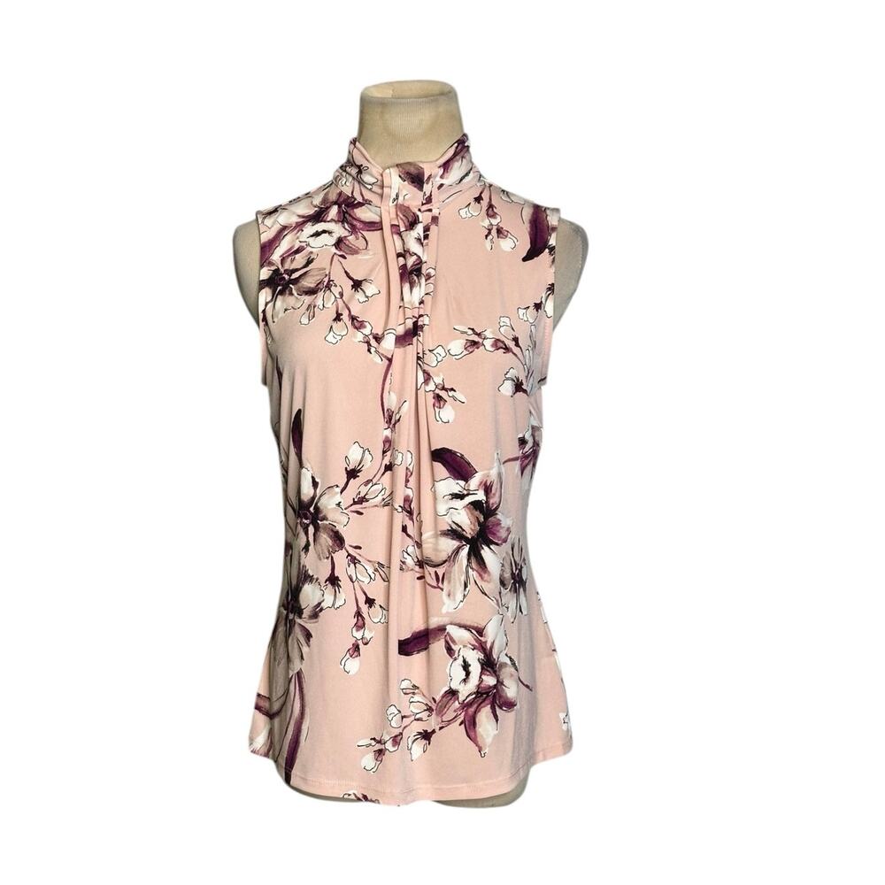 Karl Lagerfeld soft pink floral sleeveless drape-neck blouse size XS